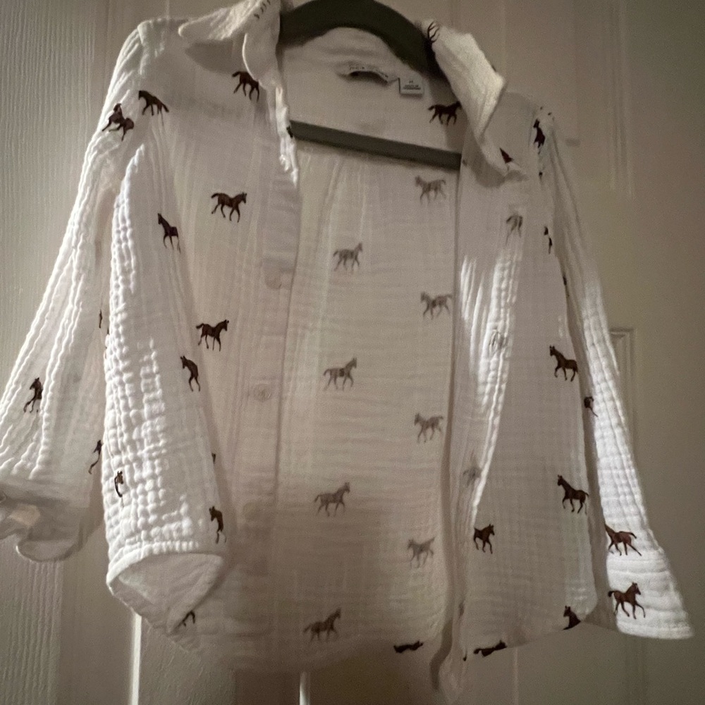 Janie and Jack White Button Down Shirt with Brown Horse Print